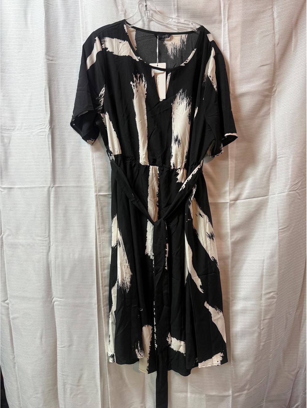 Bloomchic Black and White Abstract Print Midi Dress with Belt